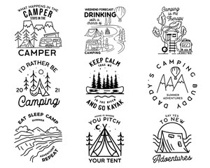 Vintage line art logo designs set. Camping adventure badges with outdoors scenes. Camp label, hiking insignias bundle. Silhouette linear concept. Stock vector collection