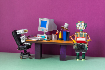 Robotics automation process of office work. Two robots are working in a retro workspace. Robot boss...