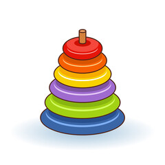 Pyramid icon. Childrens colorful plastic toy. Rainbow color stacking ring set. Triangle shape. Education card for kids. Isolated. White background. Flat design. illustration