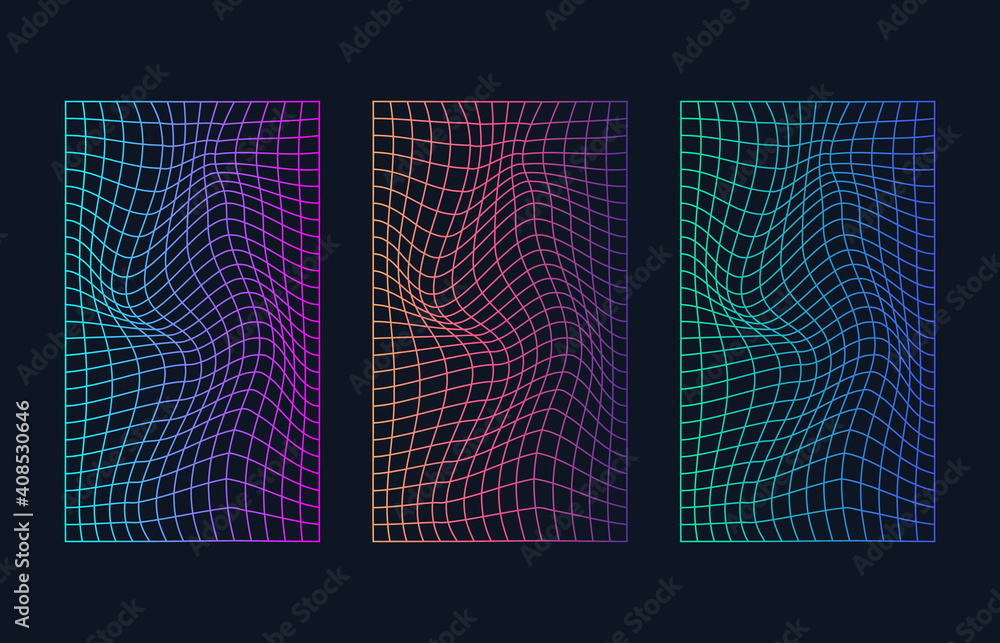 Poster vector image of distorted holographic pearly neon mesh. vaporwave synthwave cyberpunk illustration