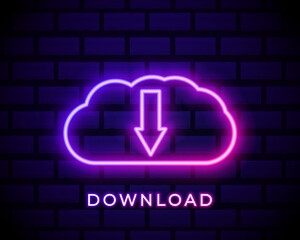 Glowing neon Cloud download icon isolated on brick wall background. Vector Illustration