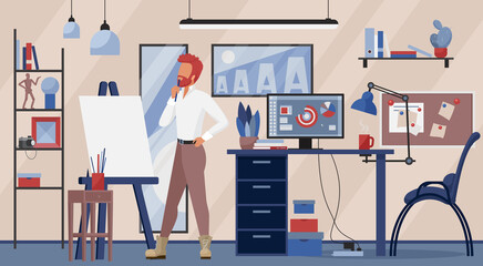 Creative designer studio workplace vector illustration. Cartoon man graphic designer, illustrator freelance worker standing at easel, working from home interior in art creativity process background - obrazy, fototapety, plakaty
