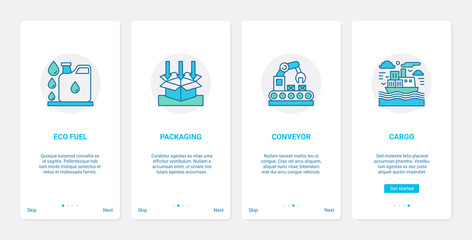 Eco delivery technology vector illustration. UX, UI onboarding mobile app page screen set with line eco fuel, process automation of packaging in cardboard box on conveyor, cargo shipping symbols