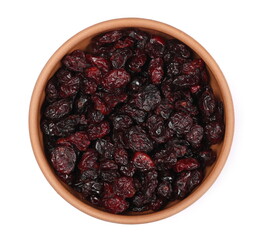 Dried cranberries in bowl isolated on white background, top view
