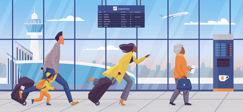 Family late for plane flight concept vector illustration. Cartoon passengers tourists in hurry, man woman with kid holding suitcases luggage, running through airport terminal building background