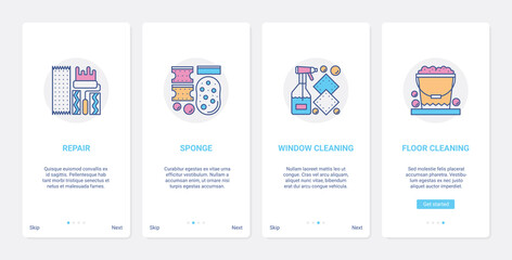 Cleaning accessories tools vector illustration. UX, UI onboarding mobile app page screen set with line general cleaning and repair housekeeping equipment, paint roller sponge, window and floor cleaner