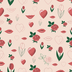 Fototapeta na wymiar Roses hearts and kisses romantic pattern vector