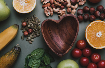 Diet, superfood and healthy eating concept. Vegetables, fruits, nuts, spinach and heart shaped plate on dark green table. Top view, flat lay