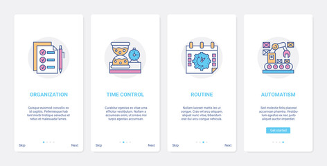 Business management, time control concept vector illustration. UX, UI onboarding mobile app page screen set with line time schedule organization, planning routine, machine automation abstract symbols