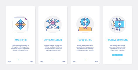 Successful businessman concept vector illustration. UX, UI onboarding mobile app page screen set with line ambition, concentration on business tasks, good sense and positive emotions abstract symbols