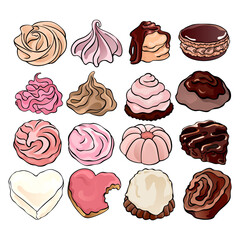 Collection of pastries and sweet bakery: meringues, whipped cream, cookies, chocolate chip cookies, icing sugar, chocolate roll, colorful illustrations of delicacies, isolated, for custom design.