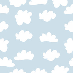 Seamless childish pattern with cute clouds on Blue background in Scandinavian style. Baby pattern with clouds. For fabric, wrapping, textile, wallpaper,  apparel. Vector illustration in cartoon style.
