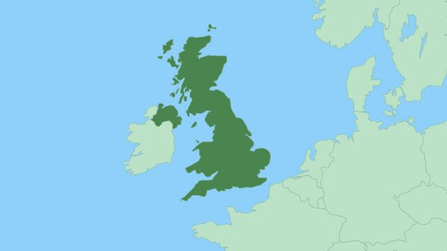 Map of United Kingdom with pin of country capital. United Kingdom Map with neighboring countries in green color.
