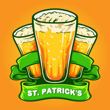 St Patrick`s Three Glasses Beer With Ribbon illustrations for your work Logo, mascot merchandise t-shirt, stickers and Label designs, poster, greeting cards advertising business company or brands.
