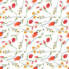 Watercolor floral botanical pattern and seamless background. Ideal for printing on fabric and paper or scrap booking. Hand-painted. Raster illustration.
