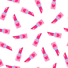 Seamless pattern of pink lipstick with heart for the wedding or Valentine's Day.