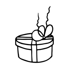 Round gift box with a bow on the side. Doodle style outline. Vector illustration.