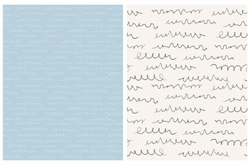 Simple Seamless Vector Pattern with White and Black Irregular Hand Drawn Lines Isolated on a Light Beige and Pastel Blue Background. Doodle Print ideal for Fabric, Textile, Wrapping Paper.
