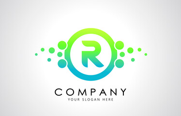 Dots Letter R Logo in Blue and Green Gradient. Alphabet Dotted Logo Vector Design, EPS10.
