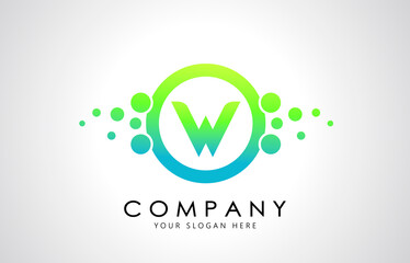 Dots Letter W Logo in Blue and Green Gradient. Alphabet Dotted Logo Vector Design, EPS10.
