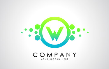 Dots Letter W Logo in Blue and Green Gradient. Alphabet Dotted Logo Vector Design, EPS10.
