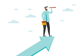 Man leader with power business vision, man visionary to see business opportunity concept, success businessman standing on top of rising arrow with telescope or spyglass to see future vision. Vector
