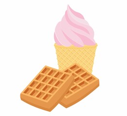 Tasty waffle and ice cream with cream