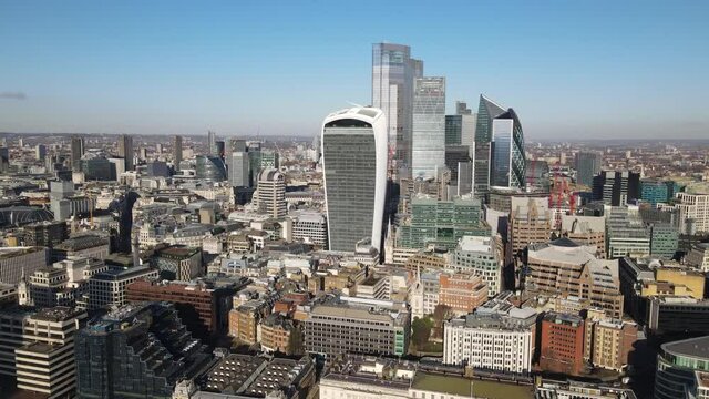 Stunning Aerial cityscape shot taken in a sunny day of january 2021 showcasing the classic skyline of london business center, Skygarden.