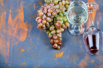 Bunch of grapes and glasses of wine on blue background