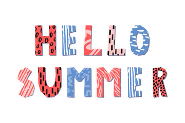 Hello summer hand drawn lettering. Vector illustration. Poster design with abstract pattern.