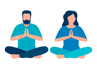 Calm couple meditating, sitting on lotus pose at home. Yoga concept. Man and woman do meditation for benefits health of body, mind and emotions. Vector isolated on white background