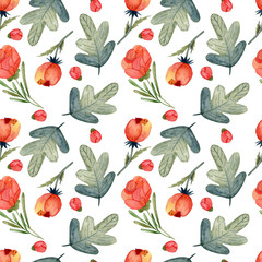 Watercolor, trendy Wildflower tulip seamless pattern in the style of hand drawing. Aquarelle florals on white background, texture, wrapper pattern