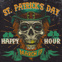 "St. Patrick's Day.Happy Hour. March 17". - banner design.  Vector illustration of bearded leprechaun skull with ribbon banner and typography in engraving technique. 