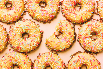 Pattern of colorful easter cookies. Abstract food background. Flat lay.