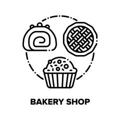 Bakery Shop Vector Icon Concept. Bakery Shop Selling Dessert Chocolate Creamy Cake With Berries, Pancake With Candies And Sweet Pie With Baked Fruit Or Jam. Delicacy Food Black Illustration