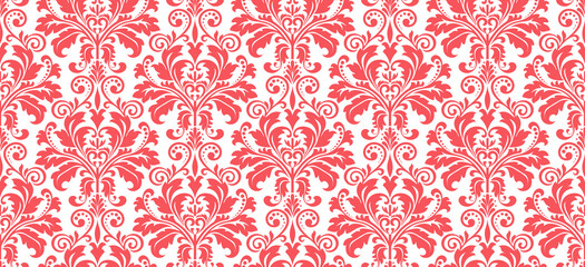 Wallpaper in the style of Baroque. Seamless vector background. White and pink floral ornament. Graphic pattern for fabric, wallpaper, packaging. Ornate Damask flower ornament