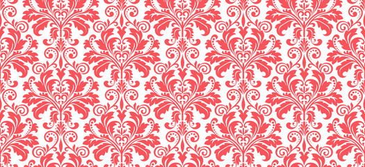 Wallpaper in the style of Baroque. Seamless vector background. White and pink floral ornament. Graphic pattern for fabric, wallpaper, packaging. Ornate Damask flower ornament