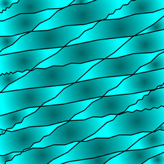 Mirrored gradient shards of curved light blue intersecting ribbons and dark lines.