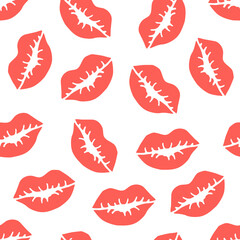 Lipstick trace on white background hand drawing seamless pattern. Concept for Valentine's Day, love. Design for textiles, fabric, wrapping paper. Vector stock illustration. 
