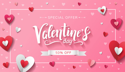 Fototapeta na wymiar Valentine's Day sale banner design with handwritten lettering and paper red, white and pink hearts on pink background. Special offer 50% off. - Vector
