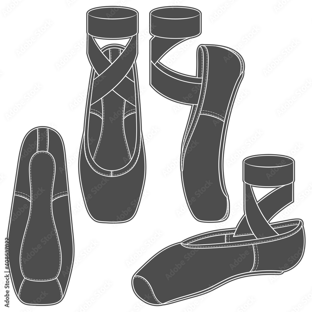 Poster set of black and white illustrations with pointe shoes, ballet shoes. isolated vector objects on a w