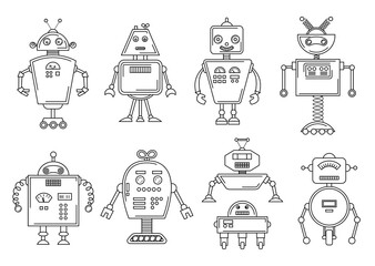 Fototapeta premium illustration of a Robot. Mechanical character design. Set of four different robots. Coloring book page
