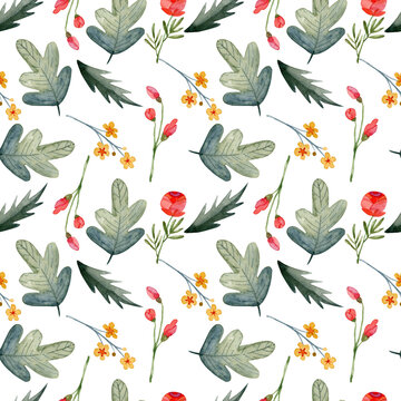 Watercolor floral botanical pattern and seamless background. Ideal for printing on fabric and paper or scrap booking. Hand-painted. Raster illustration
