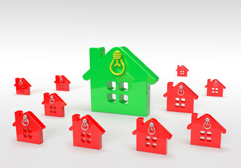 Ecology green houses with sparkling light bulb house idea on the background.