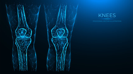 Abstract polygonal illustration of human knee anatomy. X-ray of knee joints made from lines and dots isolated on blue background.