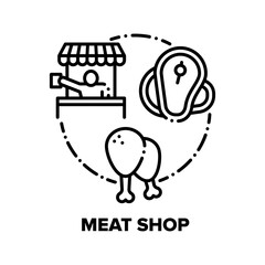 Meat Shop Sale Vector Icon Concept. Chicken Legs And Pork Or Beef Steaks Selling At Meat Shop Counter Seller Butcher, Grocery Store Fresh And Raw Products. Nutrition Shopping Black Illustration