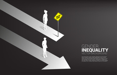 Business concept of gender competition. Silhouette of businessman on going track and business women on road block track .Concept of gender inequality in business and obstacle in woman career path