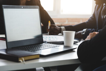 Business concept photo. Close-up laptop on the table during a business conference.