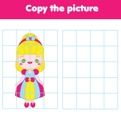 Cute Princess. Draw by grid. Copy picture educational game for children and kids.