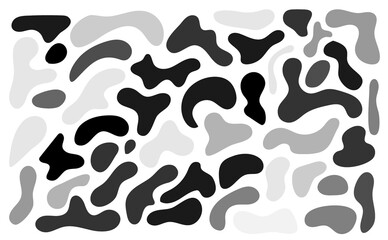 Fototapeta na wymiar Grey irregular blob, set of abstract organic shapes. Abstract irregular random blobs. Simple liquid amorphous splodge. Trendy minimal designs for presentations, banners, posters and flyers.
